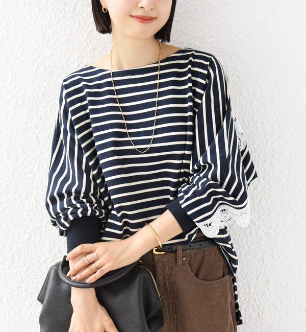 SHIPS for women「【WEB限定】〈手洗い可能〉バック レース 袖 ロング リブ ドルマン プルオーバー」|Tシャツ・カットソー|
