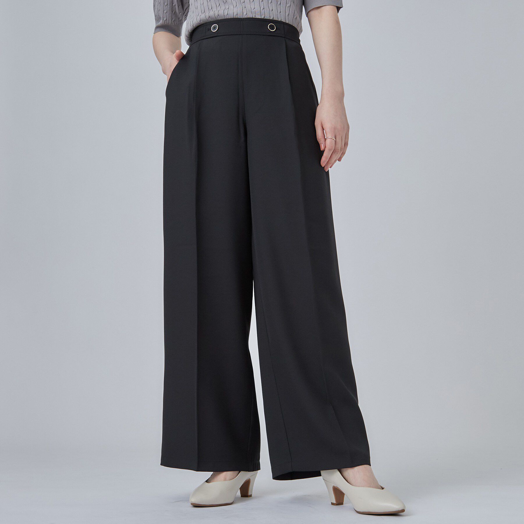 SHOO･LA･RUE「【着丈選べる/洗濯後しわになりにくい/S-LL】大人の上品シルエット センタープレスタックワイドパン」|その他|ブラックロング(61