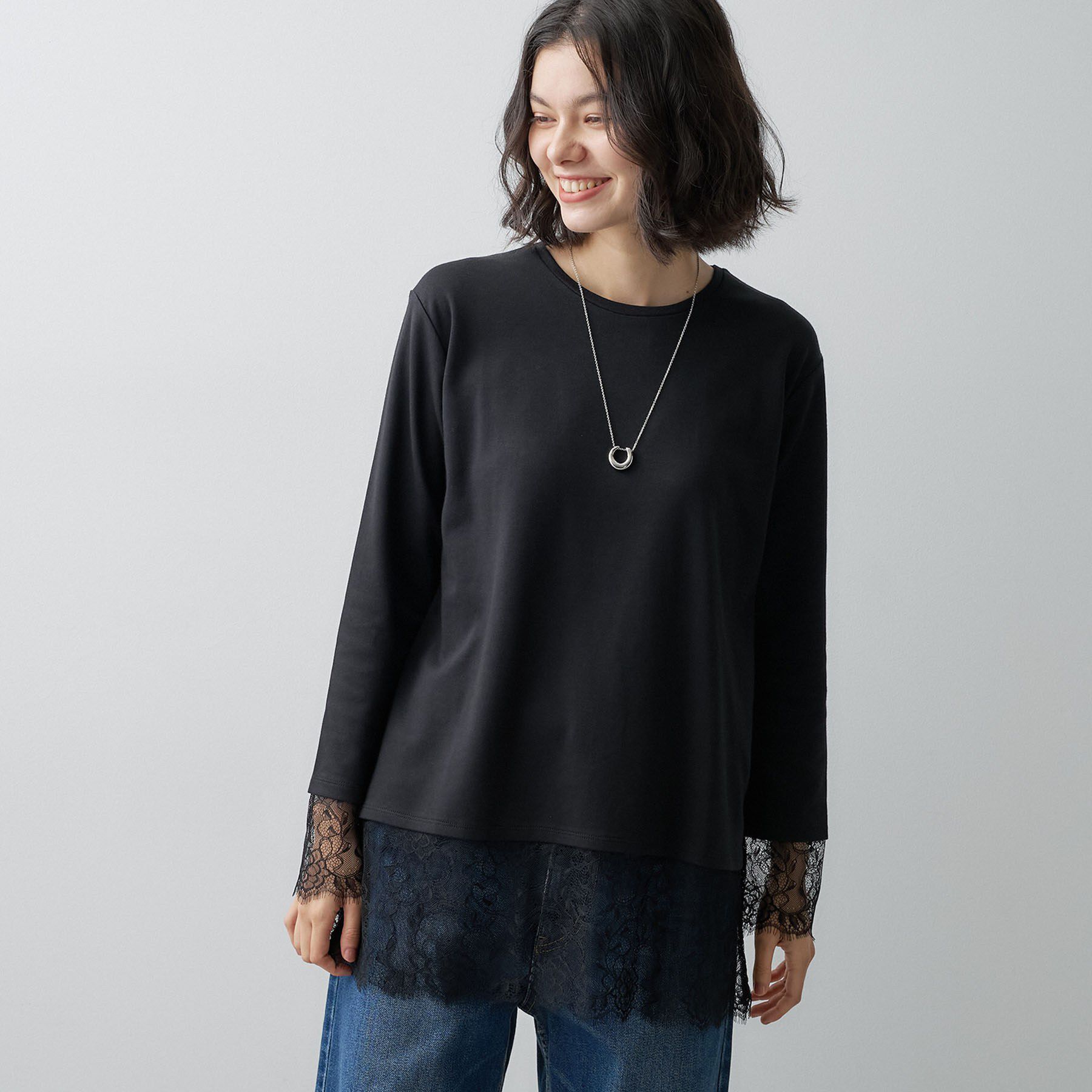 Dessin「【洗える/あたたかい/秋のレイヤード】ジンジャー発熱 裾レースプルオーバー」|Tシャツ・カットソー|ブラック(019)