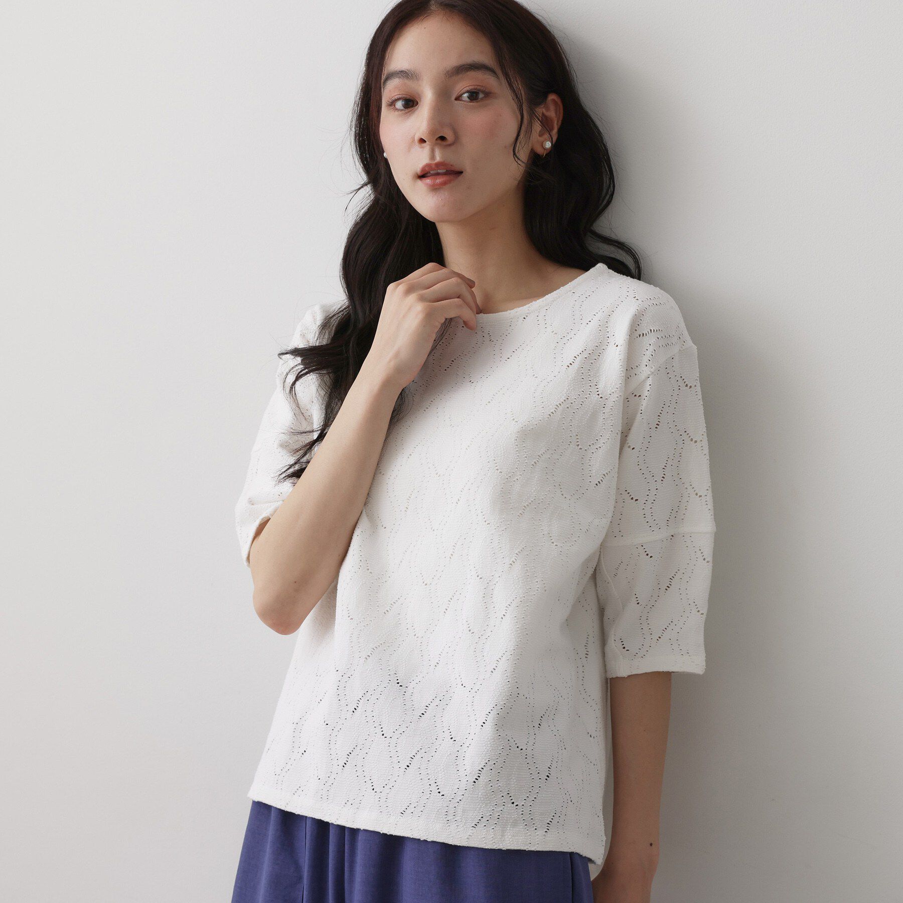 Dessin「【マシンウォッシャブル】5分袖レースカットソー」|Tシャツ・カットソー|ホワイト(002)