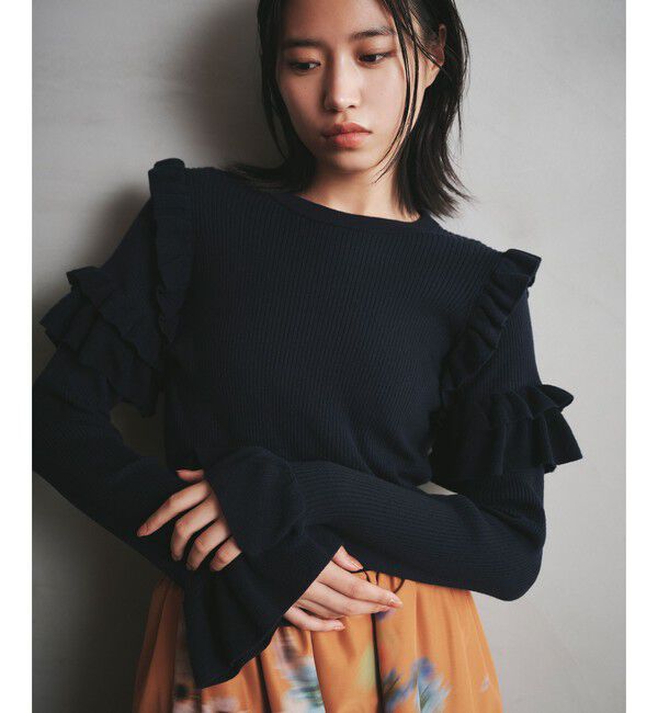 EMMEL REFINES「＜EMMEL REFINES＞EM HW フリル リブ ニットプルオーバー」|ニット・セーター|NAVY