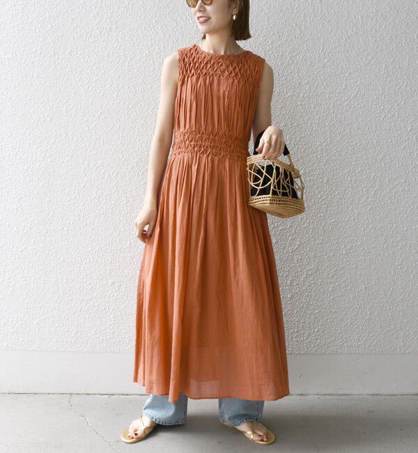 SHIPS any「【WEB限定】ハンドスモッキング  コットン フレア ノースリーブ ワンピース」|ワンピース|