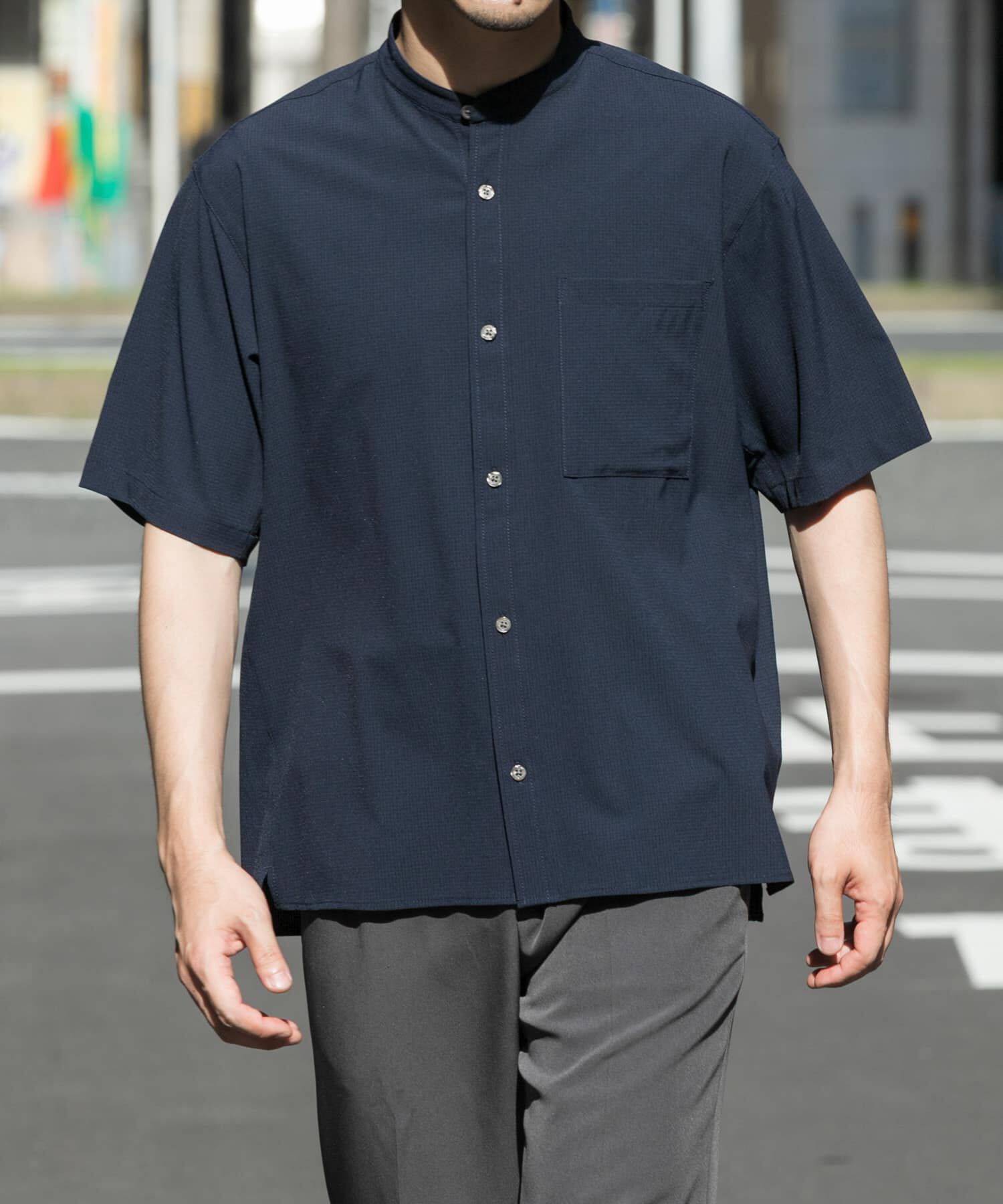 URBAN RESEARCH ROSSO「『WEB限定』『XLサイズあり』『吸水速乾』Air Stretch バンドカラーシャツ」|シャツ・ブラウス|ネイビー