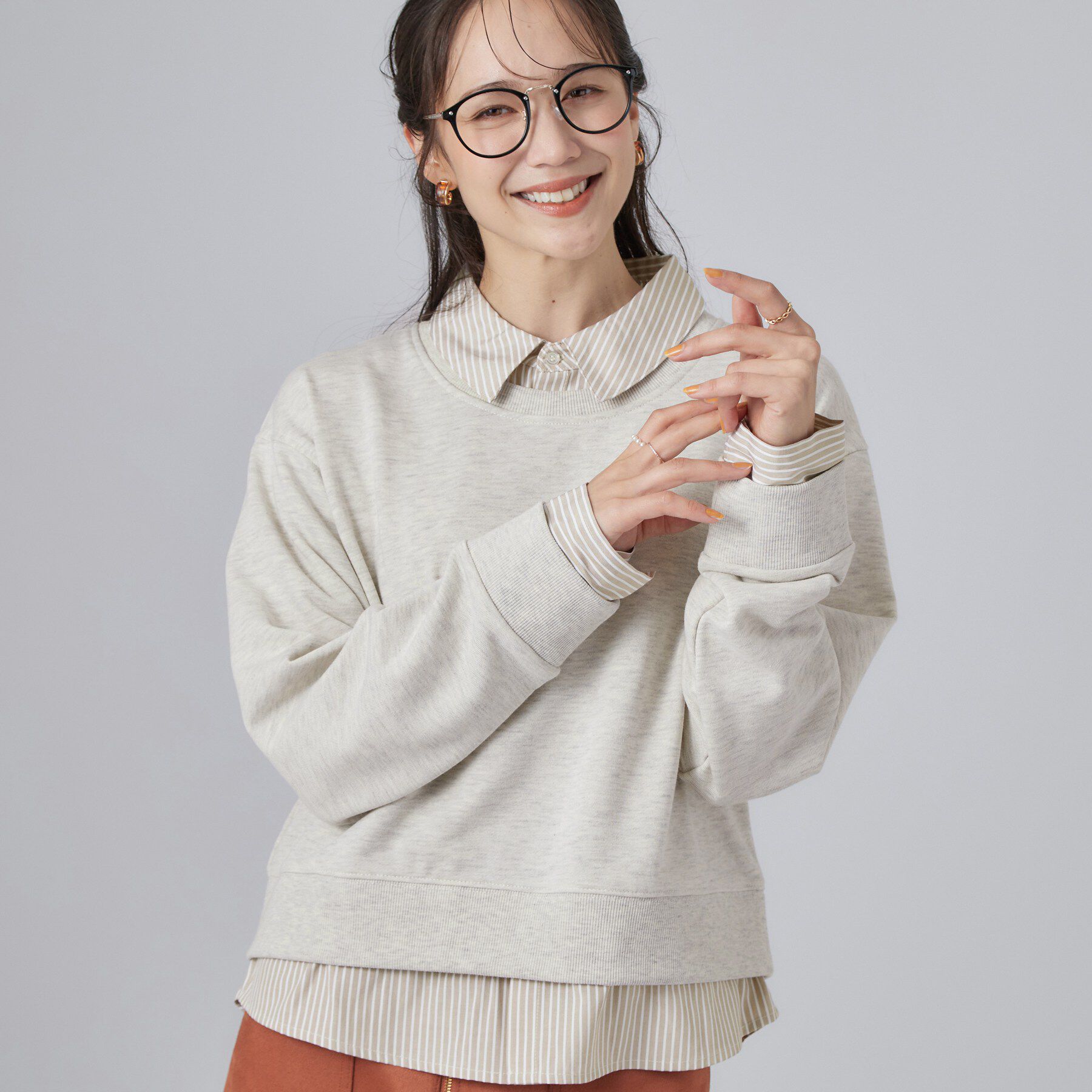 SHOO･LA･RUE「【S-LL/洗濯機可】一枚でレイヤード感が完成する シャツドッキング裏毛トップス」|Tシャツ・カットソー|ライトベージュ(35