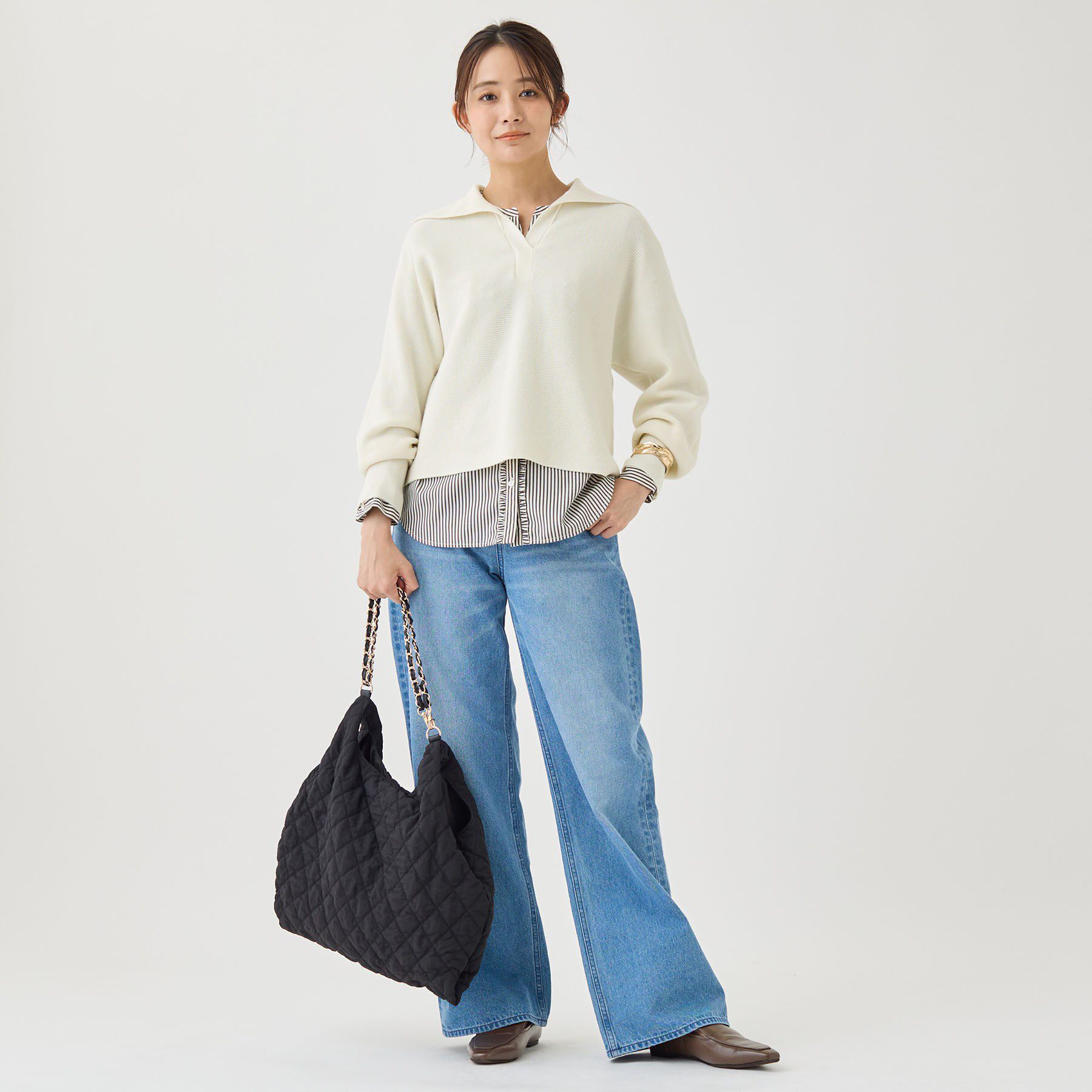 INDIVI「【ウール混／クロップド丈】畦編みスキッパー衿ニット」|ニット・セーター|