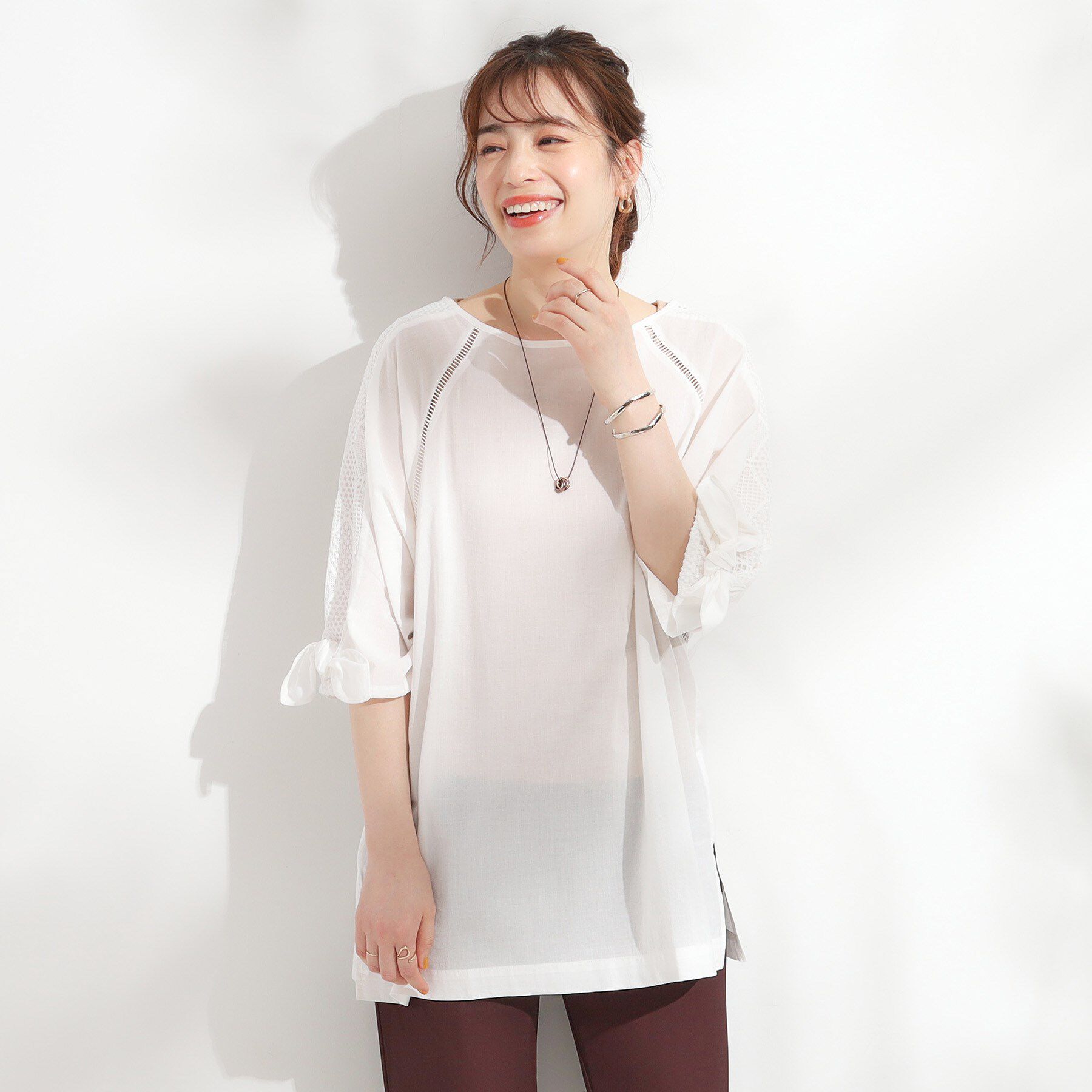 SHOO･LA･RUE「【S-LL】お袖デザインが華やか はしごレースチュニック」|チュニック|