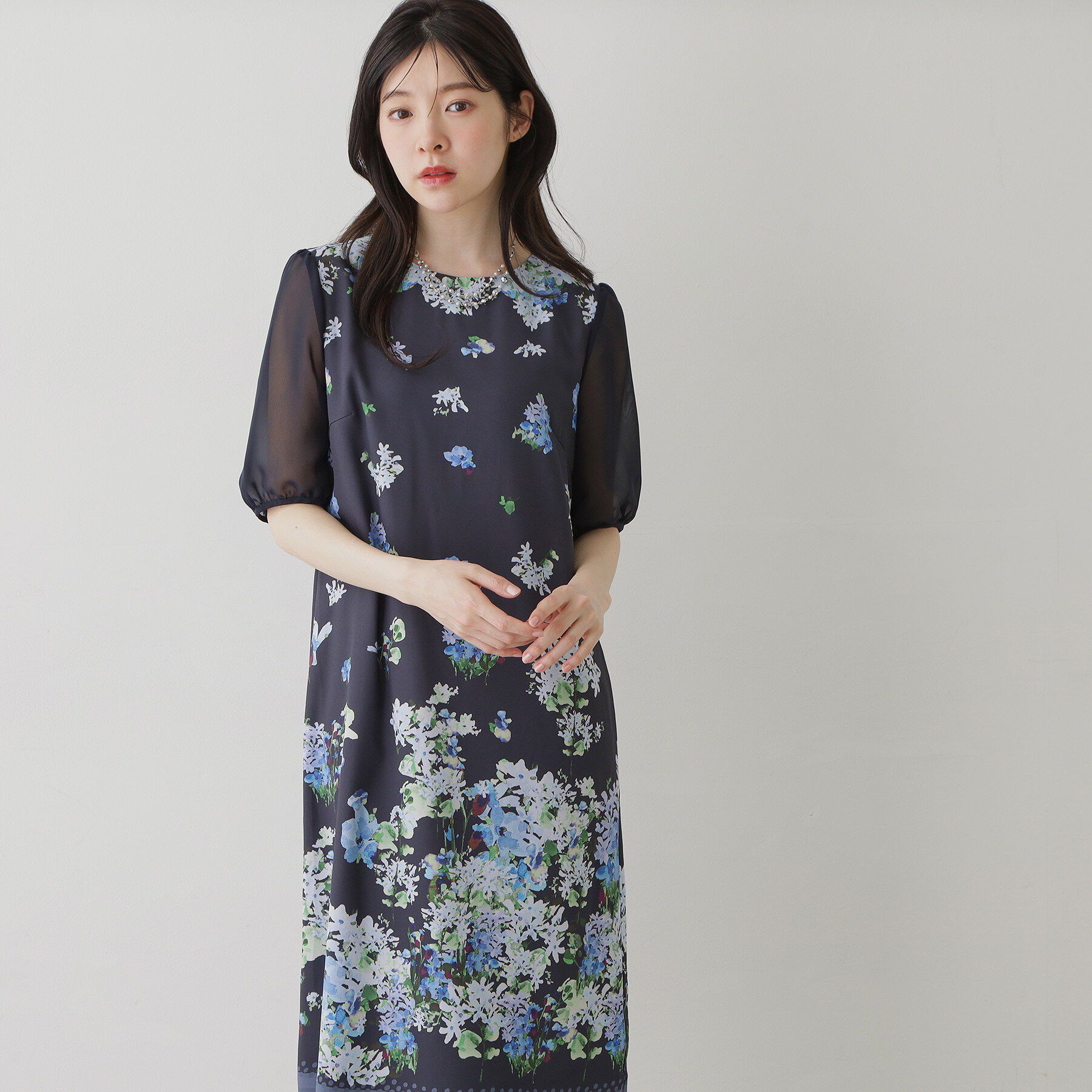 SunaUna「【袖シアー】花柄パフスリーブワンピース」|ワンピース|