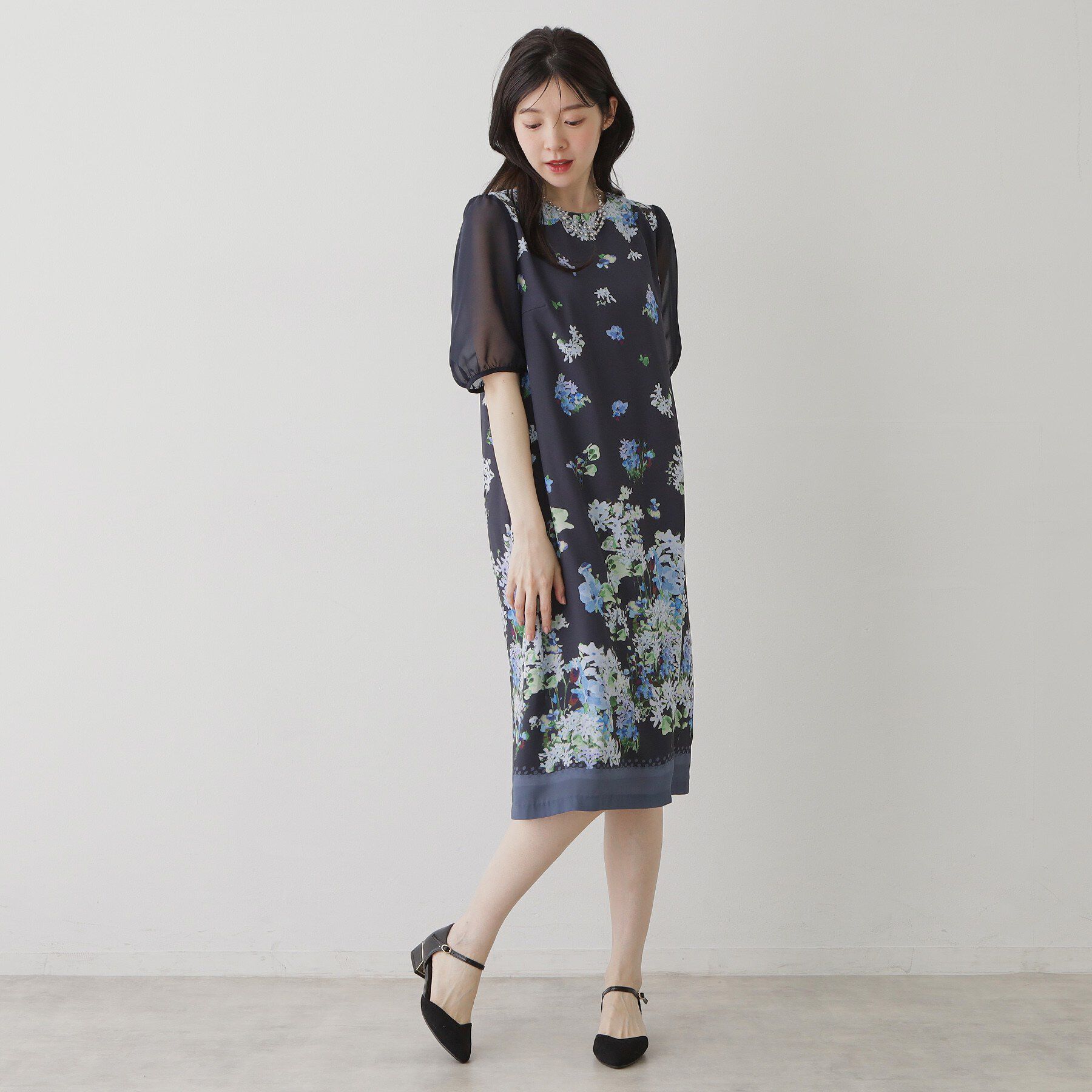 SunaUna「【袖シアー】花柄パフスリーブワンピース」|ワンピース|