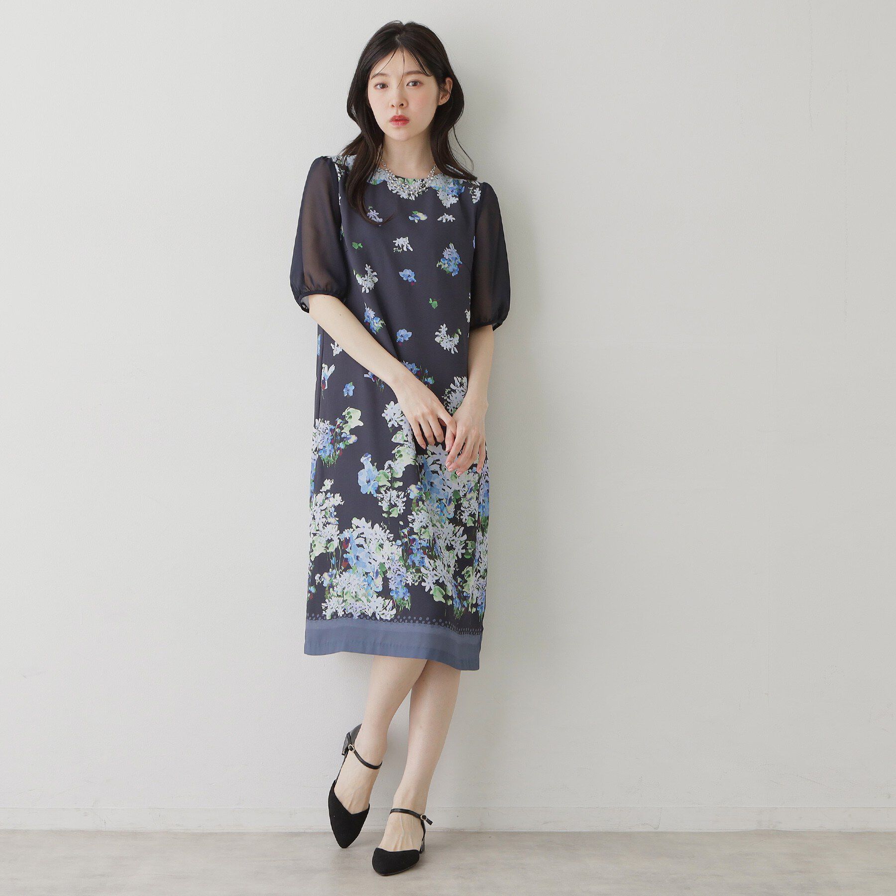 SunaUna「【袖シアー】花柄パフスリーブワンピース」|ワンピース|