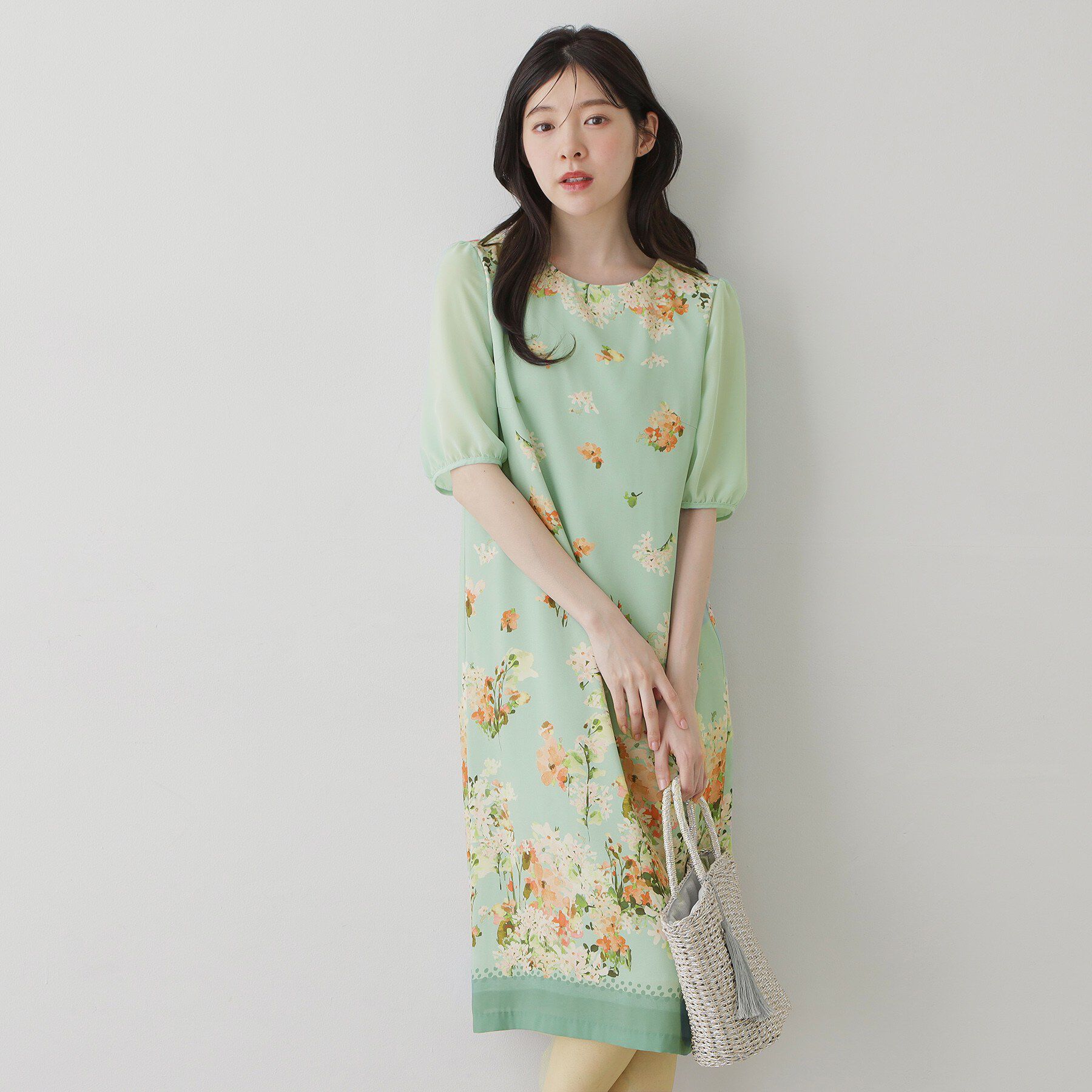 SunaUna「【袖シアー】花柄パフスリーブワンピース」|ワンピース|