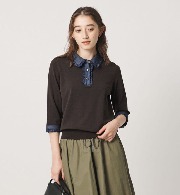 UNITED ARROWS「六分袖 デニムライク ポロニット ‐ウォッシャブル‐」|ニット・セーター|DK.BROWN