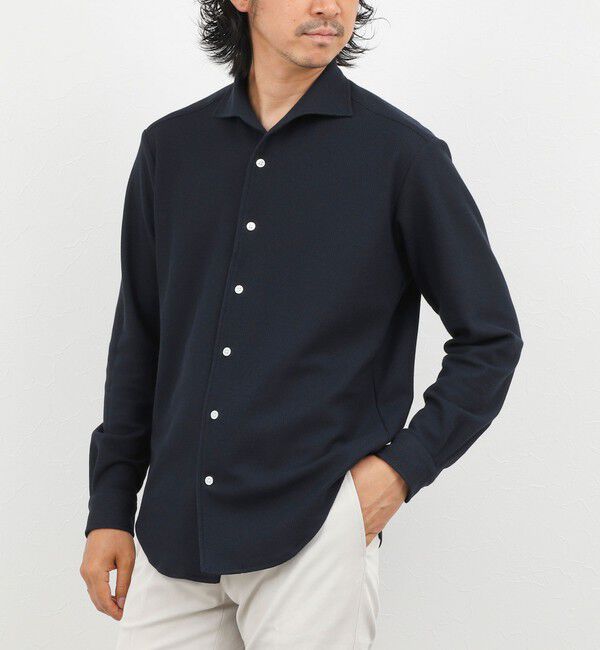 NOLLEY'S goodman「《ビジカジ対応》ケーブルニットシャツ イタリアンカラー 26AW」|シャツ・ブラウス|ネイビー