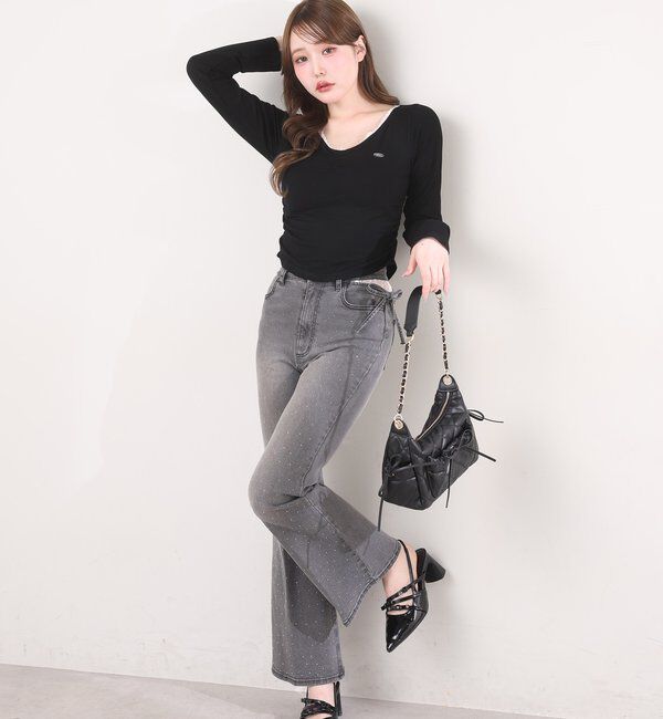 one after another NICE CLAUP「【選べる4サイズ】サイドカットレース美脚ビジューデニム」|その他|