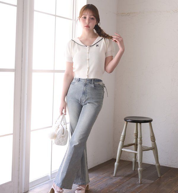 one after another NICE CLAUP「【選べる4サイズ】サイドカットレース美脚ビジューデニム」|その他|