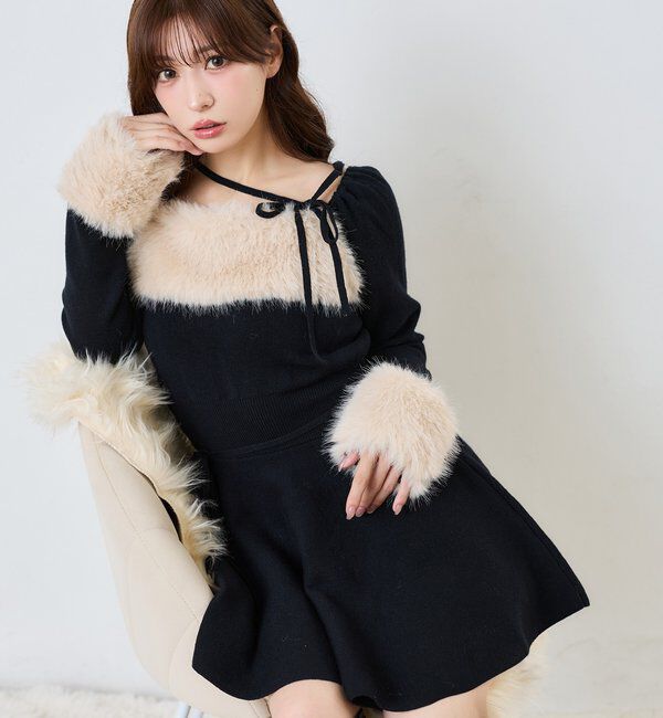 one after another NICE CLAUP「フェイクファーくびれニットミニワンピ【SMサイズ展開】」|ワンピース|