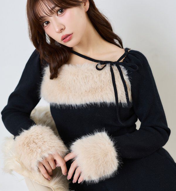 one after another NICE CLAUP「フェイクファーくびれニットミニワンピ【SMサイズ展開】」|ワンピース|
