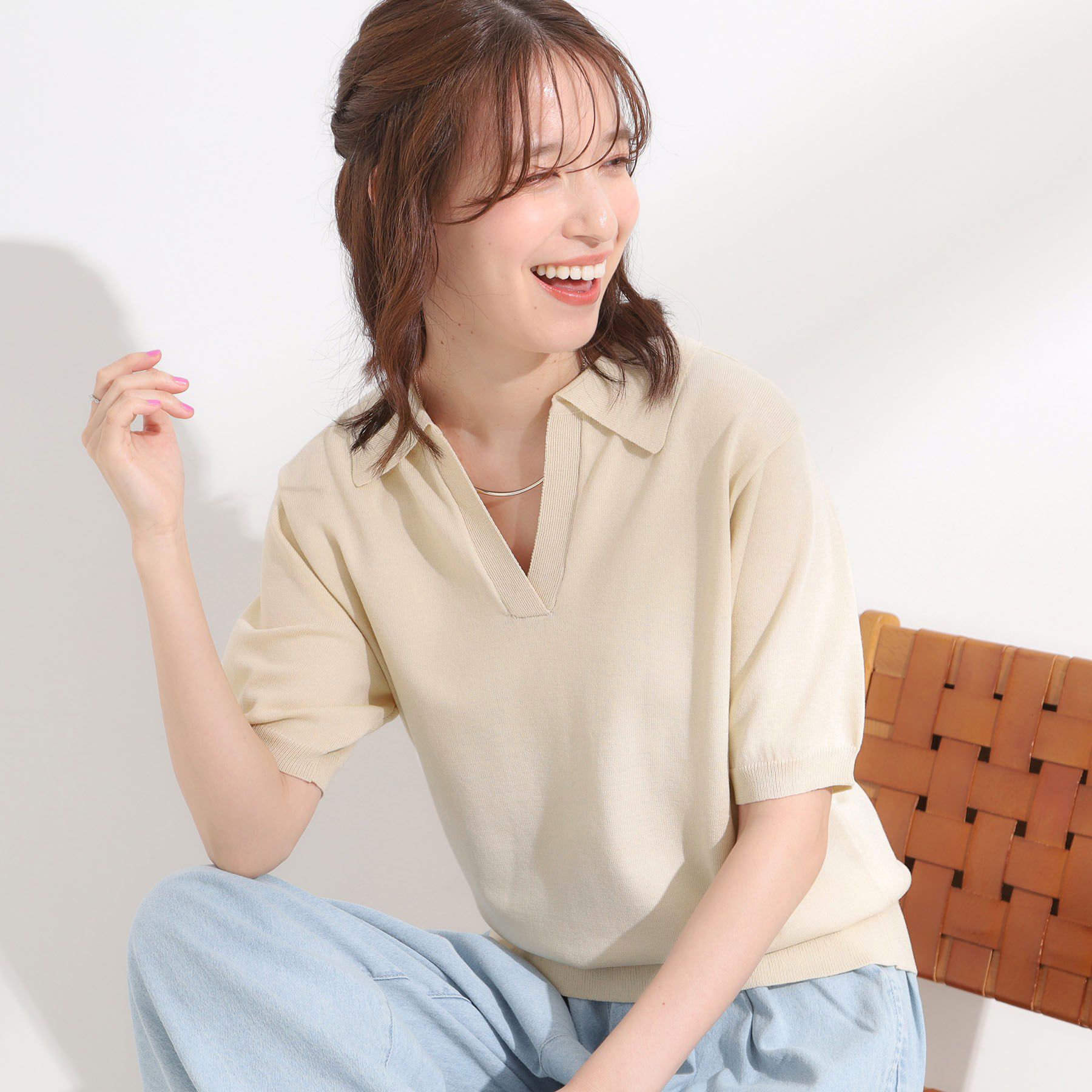 SHOO･LA･RUE「【S-LL/洗える】大人の抜け感 スキッパーニット」|ニット・セーター|アイボリー(004)