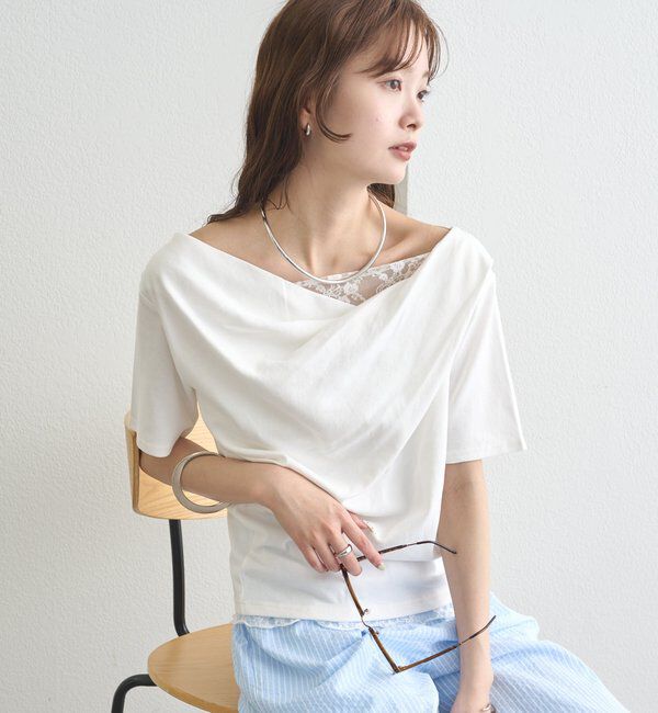  「レースドッキングオフショル半袖Tシャツ」|Tシャツ・カットソー|