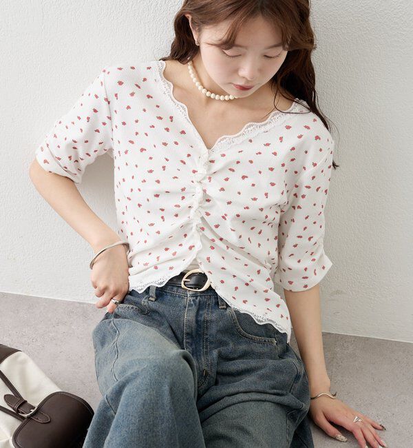  「半袖ギャザーリブカーディガン」|Tシャツ・カットソー|