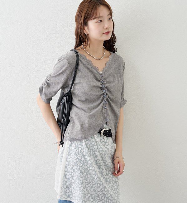  「半袖ギャザーリブカーディガン」|Tシャツ・カットソー|
