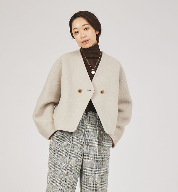 qualite「モヘアシャギーショートコート」|ノーカラーコート|グレージュ