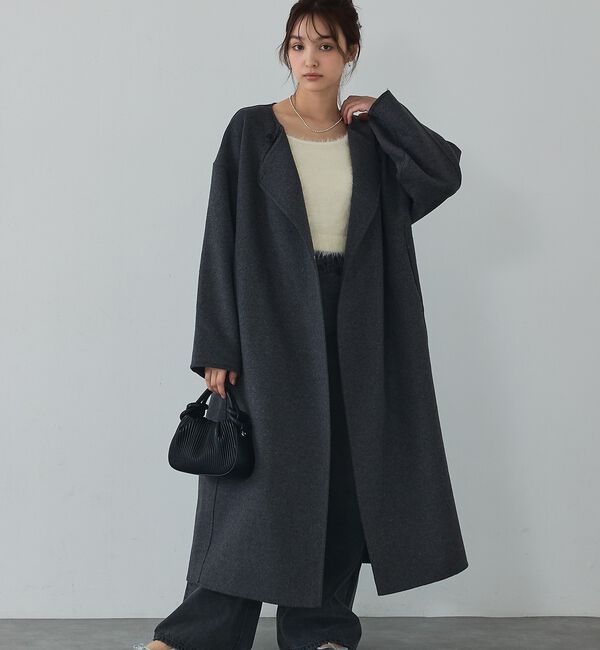 abahouse mavie「ウール混ノーカラーロングコート」|ノーカラーコート|