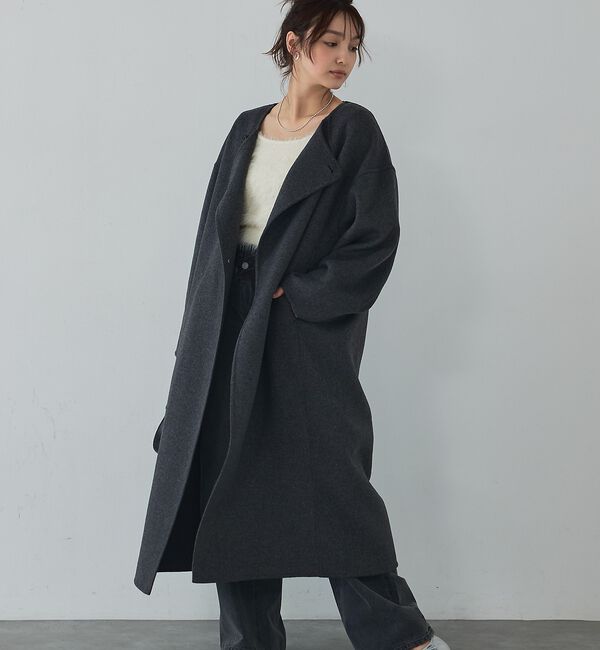 abahouse mavie「ウール混ノーカラーロングコート」|ノーカラーコート|