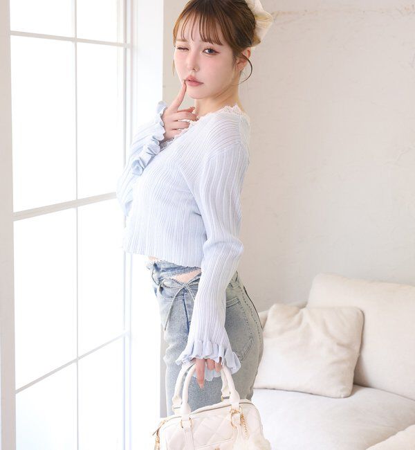 one after another NICE CLAUP「【選べる4サイズ】サイドカットレース美脚ビジューデニム」|その他|