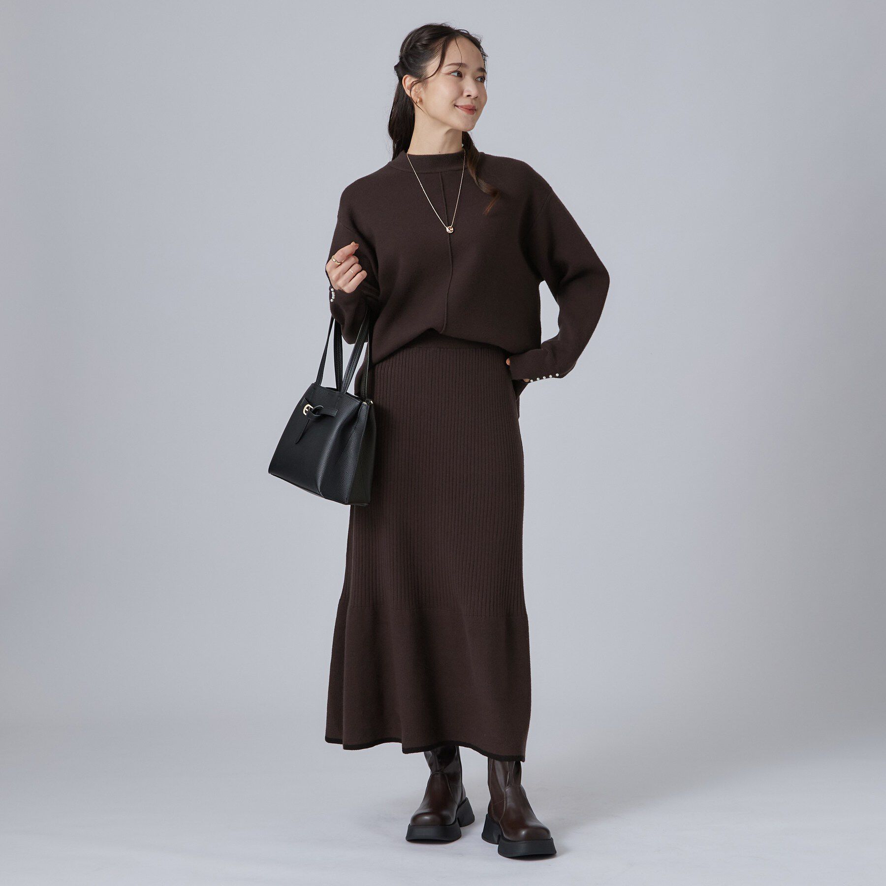 SHOO･LA･RUE「【洗濯機可/S-LL】もちもちで心地よい もちここ 配色ニットナロースカート」|スカート|