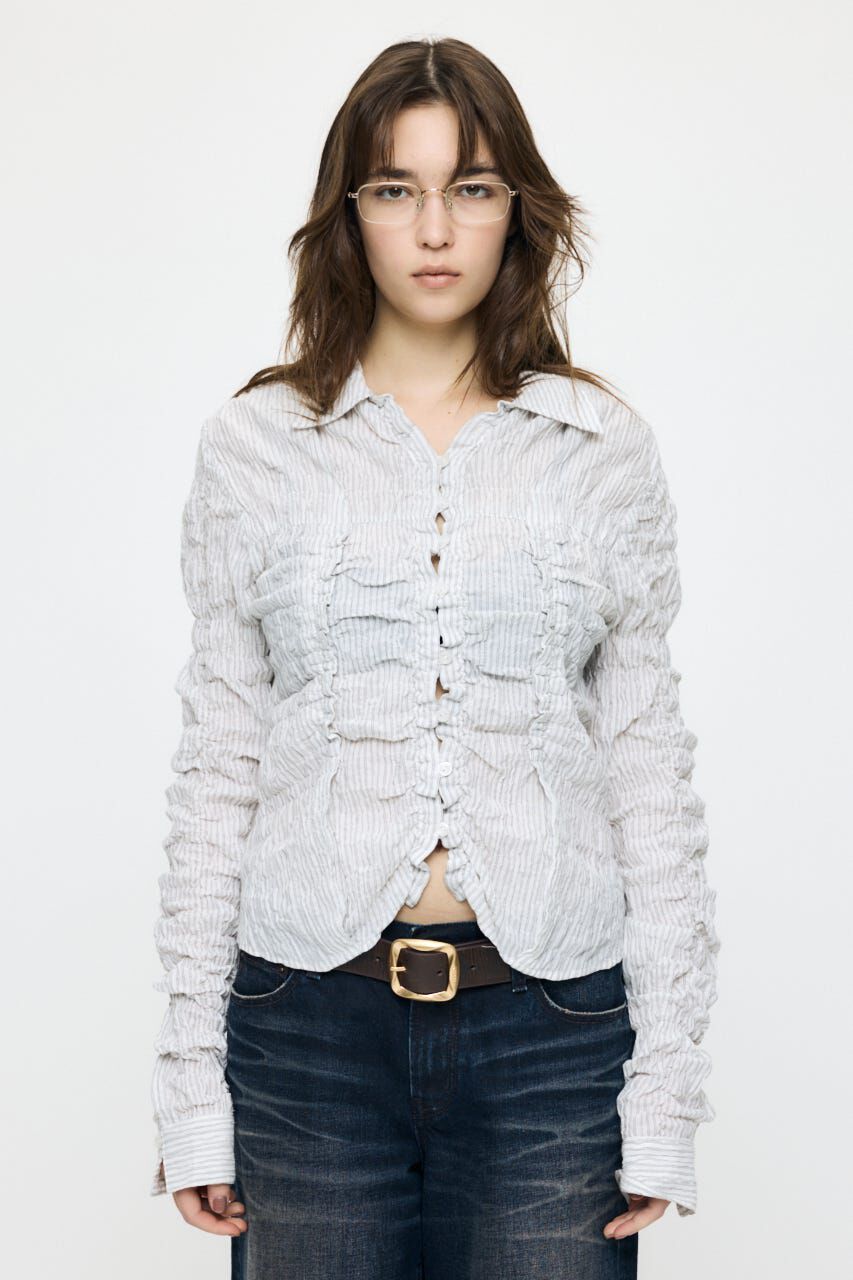 MOUSSY「BUTTON UP SHIRRING シャツ」|シャツ・ブラウス|柄WHT5