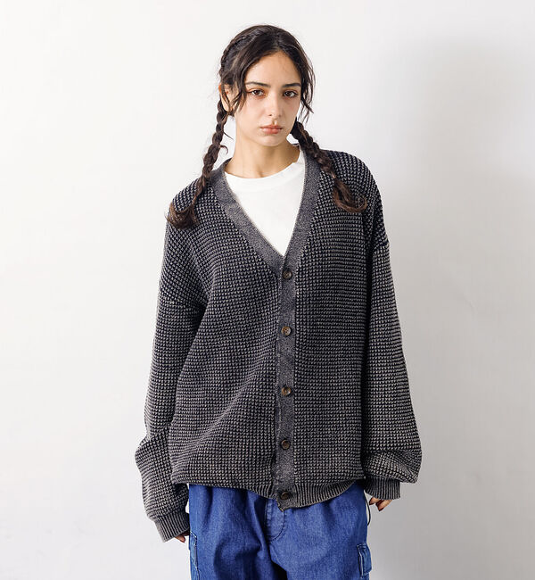 ABAHOUSE「【Revo.レボ】パウダーブリーチ加工ワッフルコットンニットカーディガン/ユニセ」|カーディガン|ブラック