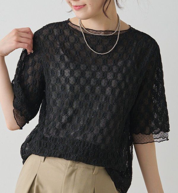  「ストレッチレース&times;ドットチュールTシャツ」|Tシャツ・カットソー|ブラック