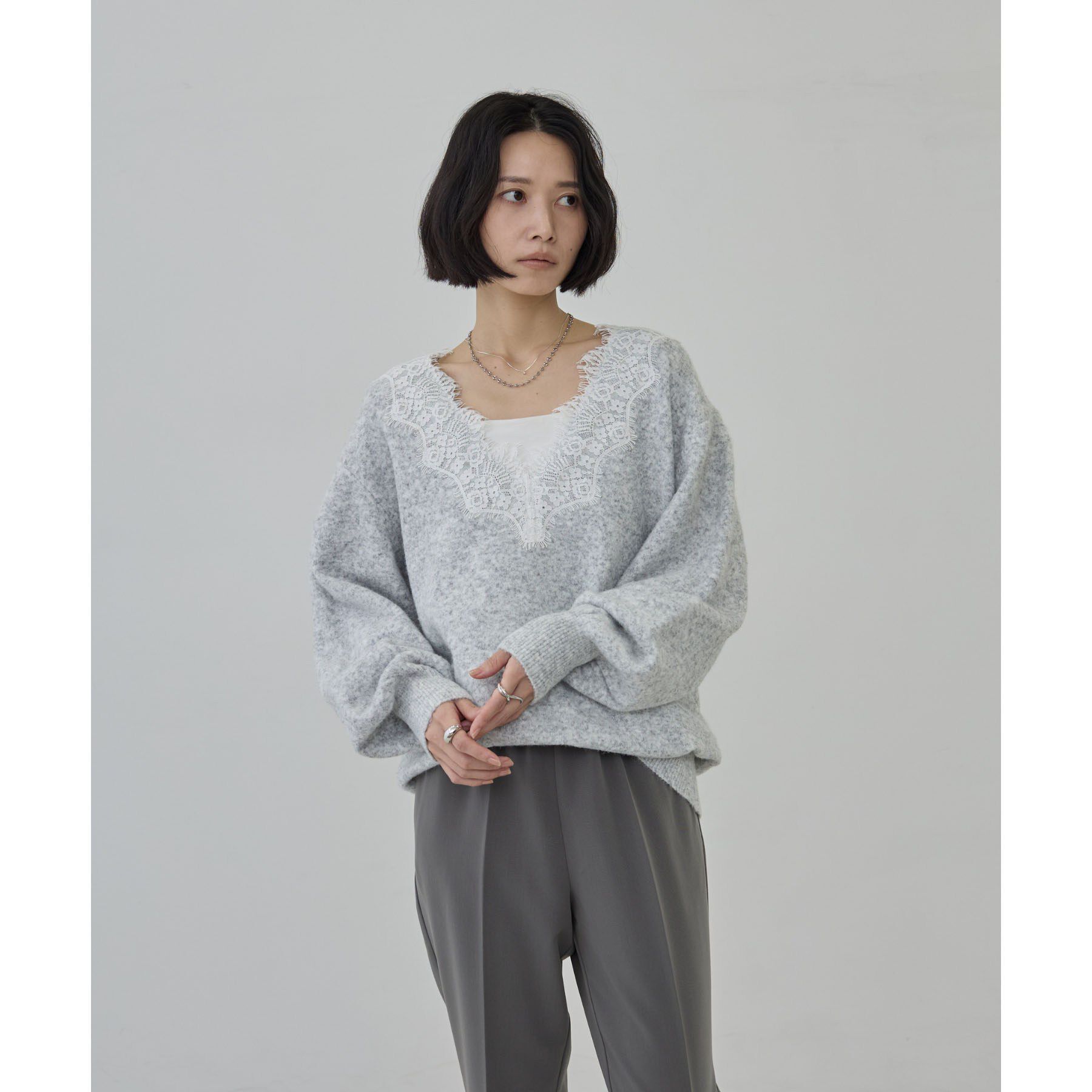 GALLEST「レースドッキング深Vネックニット【洗える】」|ニット・セーター|
