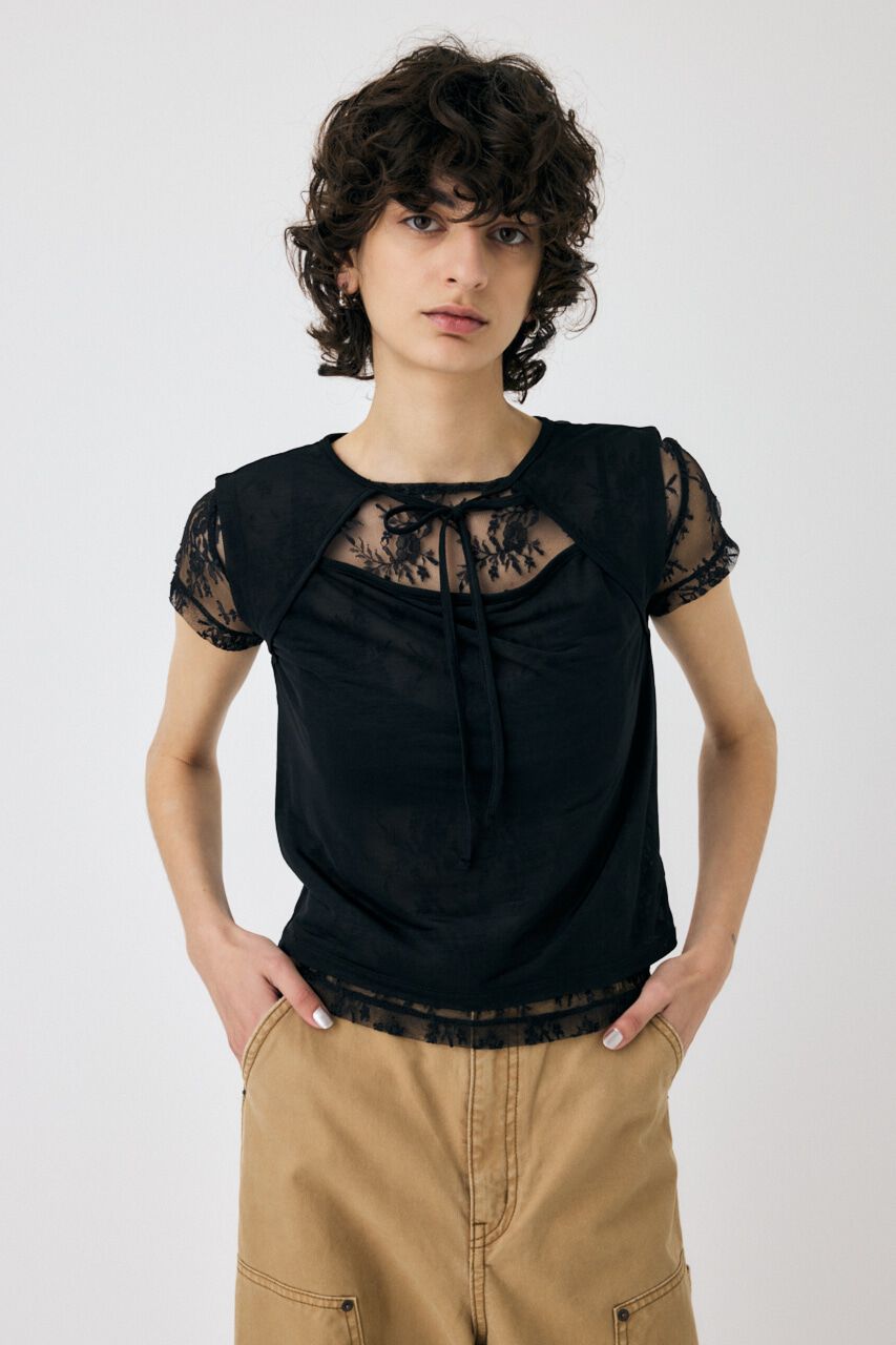 MOUSSY「LACE LAYERED OPEN NECK トップス」|Tシャツ・カットソー|