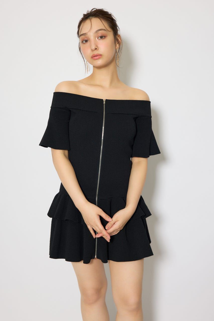 rienda「オフショルフロントジップニットミニワンピース」|ワンピース|