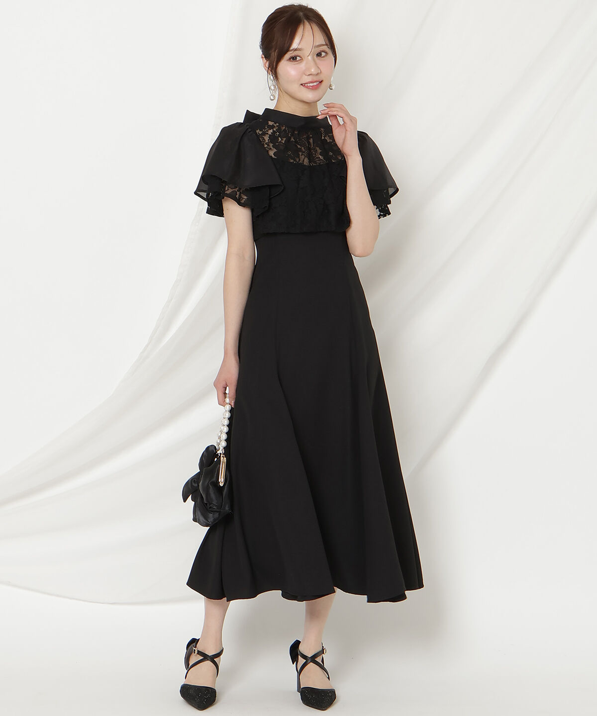 WILLSELECTION「バックリボンシフォンレースブラウス&times;フレアロングキャミワンピース」|ドレス|ブラック