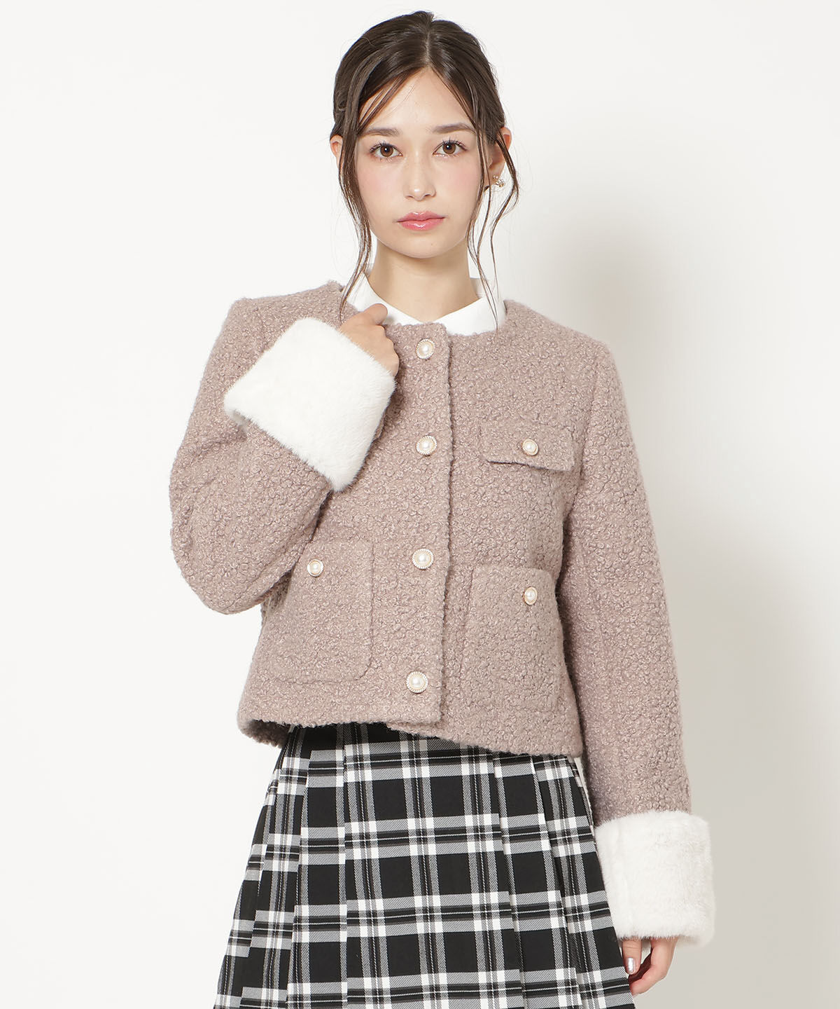 WILLSELECTION「ノーカラーブークレショートコート」|ノーカラーコート|