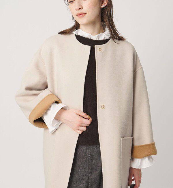 UNITED ARROWS「バイカラー リバー ミドルコート」|ノーカラーコート|