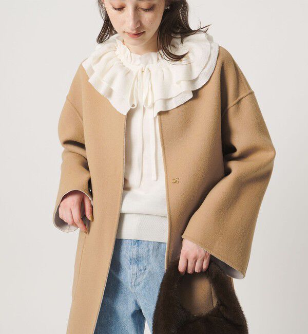 UNITED ARROWS「バイカラー リバー ミドルコート」|ノーカラーコート|