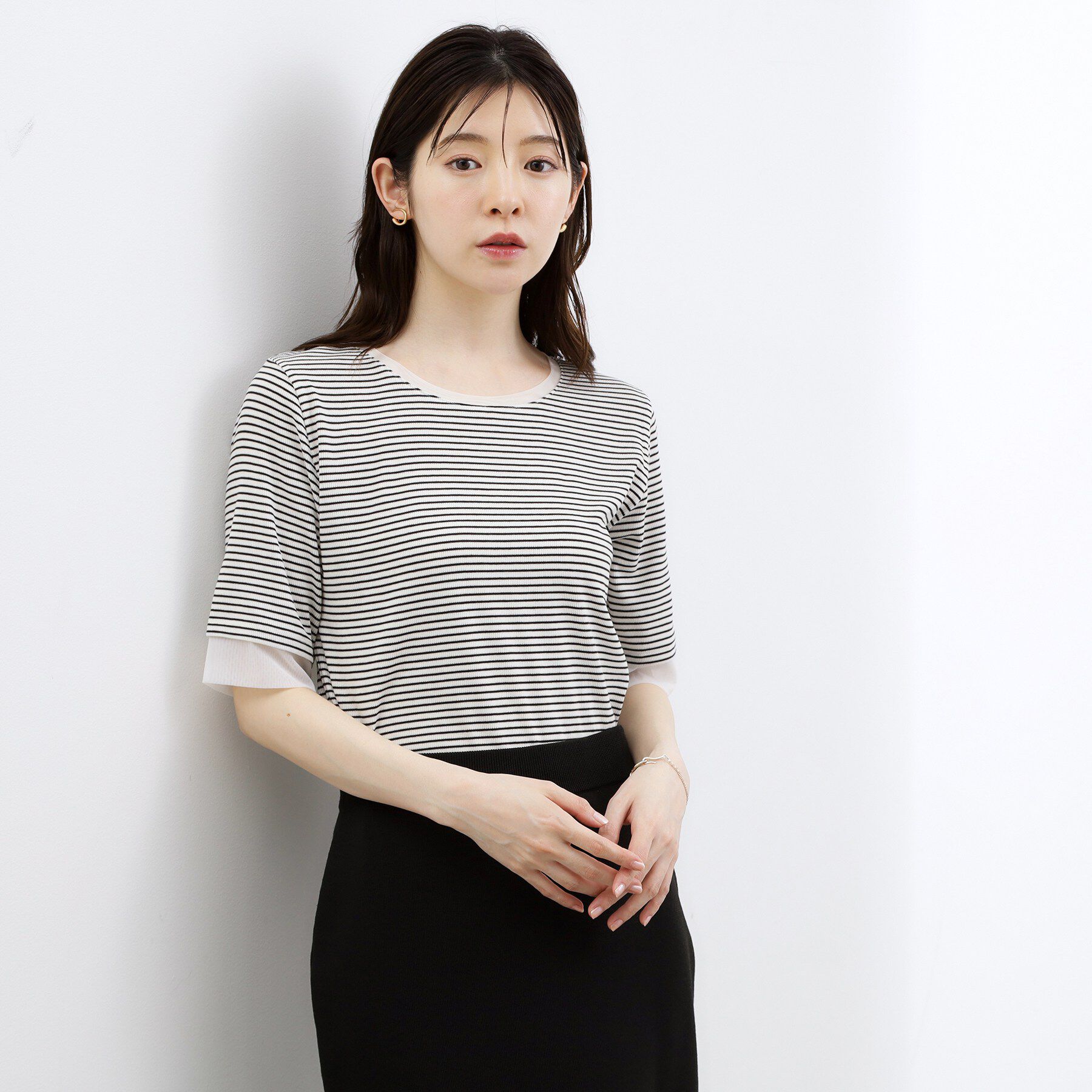 grove「【UVカット】チュールトリミング5分袖Tシャツ」|Tシャツ・カットソー|ボーダー(303)