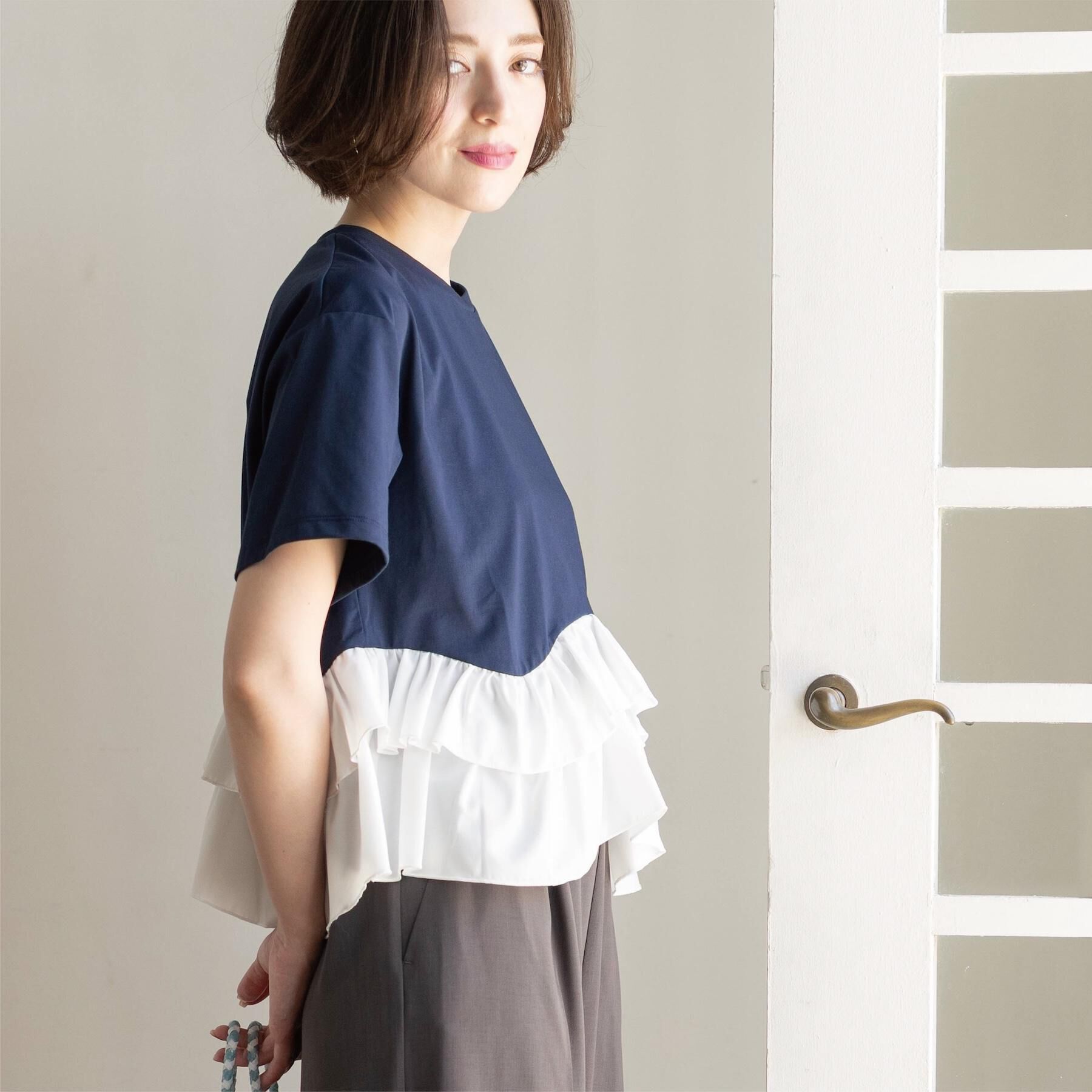 OPAQUE.CLIP「裾フリルドッキングTシャツ【洗濯機OK】」|Tシャツ・カットソー|ネイビー(594)