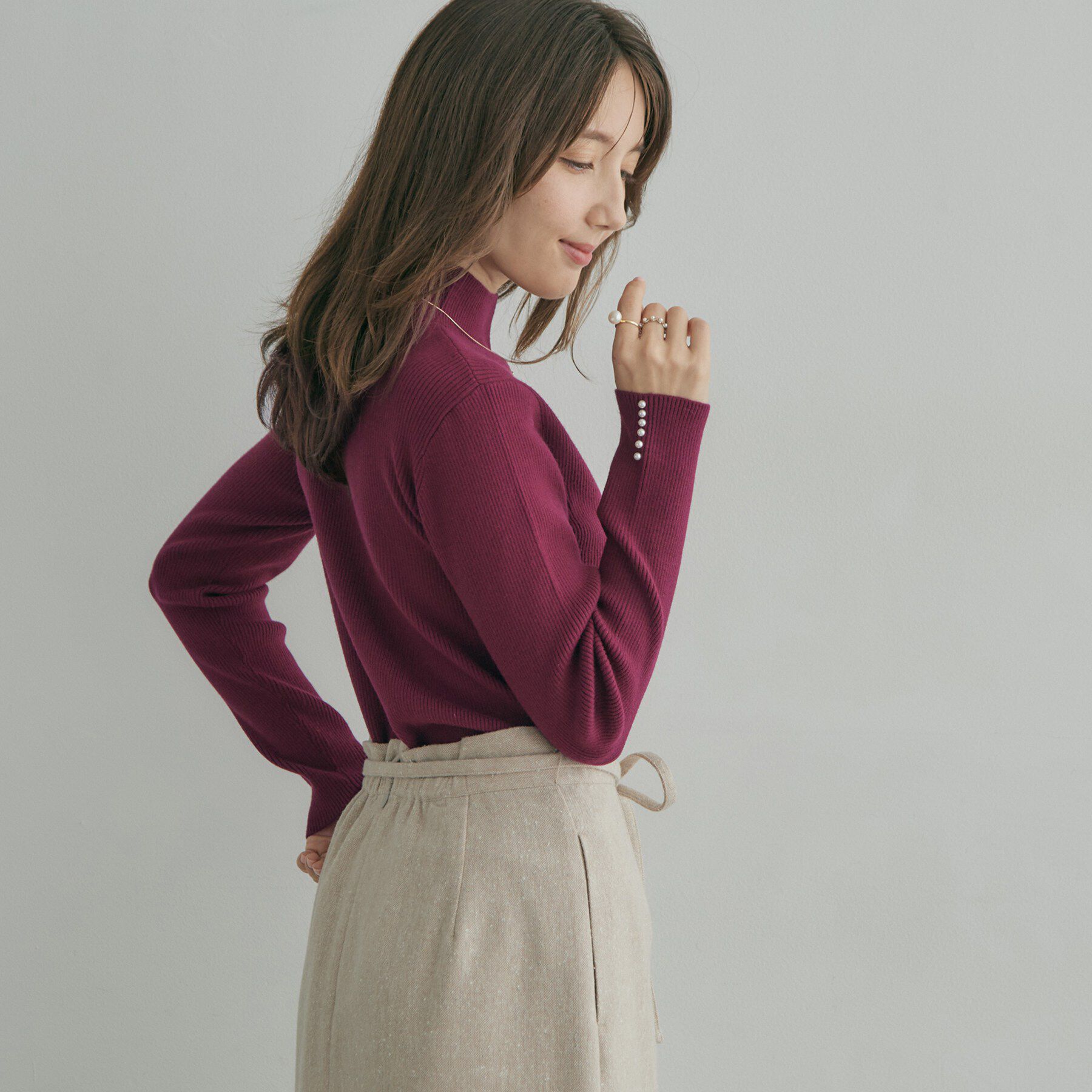 Couture broach「【大人フェミニンのBASIC】パール調リブニット【吸湿発熱・静電気防止・抗菌防臭・洗濯機可】」|ニット・セーター|