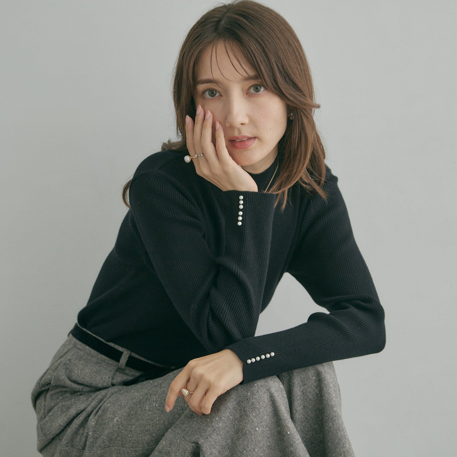 Couture broach「【大人フェミニンのBASIC】パール調リブニット【吸湿発熱・静電気防止・抗菌防臭・洗濯機可】」|ニット・セーター|ブラック(019)
