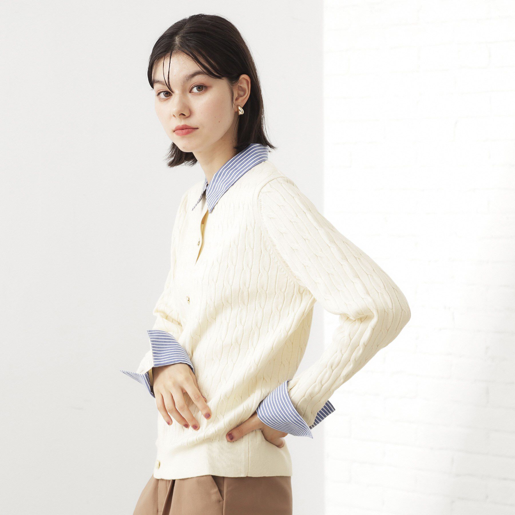 THE SHOP TK「【着るだけでコーデ完成】シャツレイヤード風 ケーブルニット」|ニット・セーター|