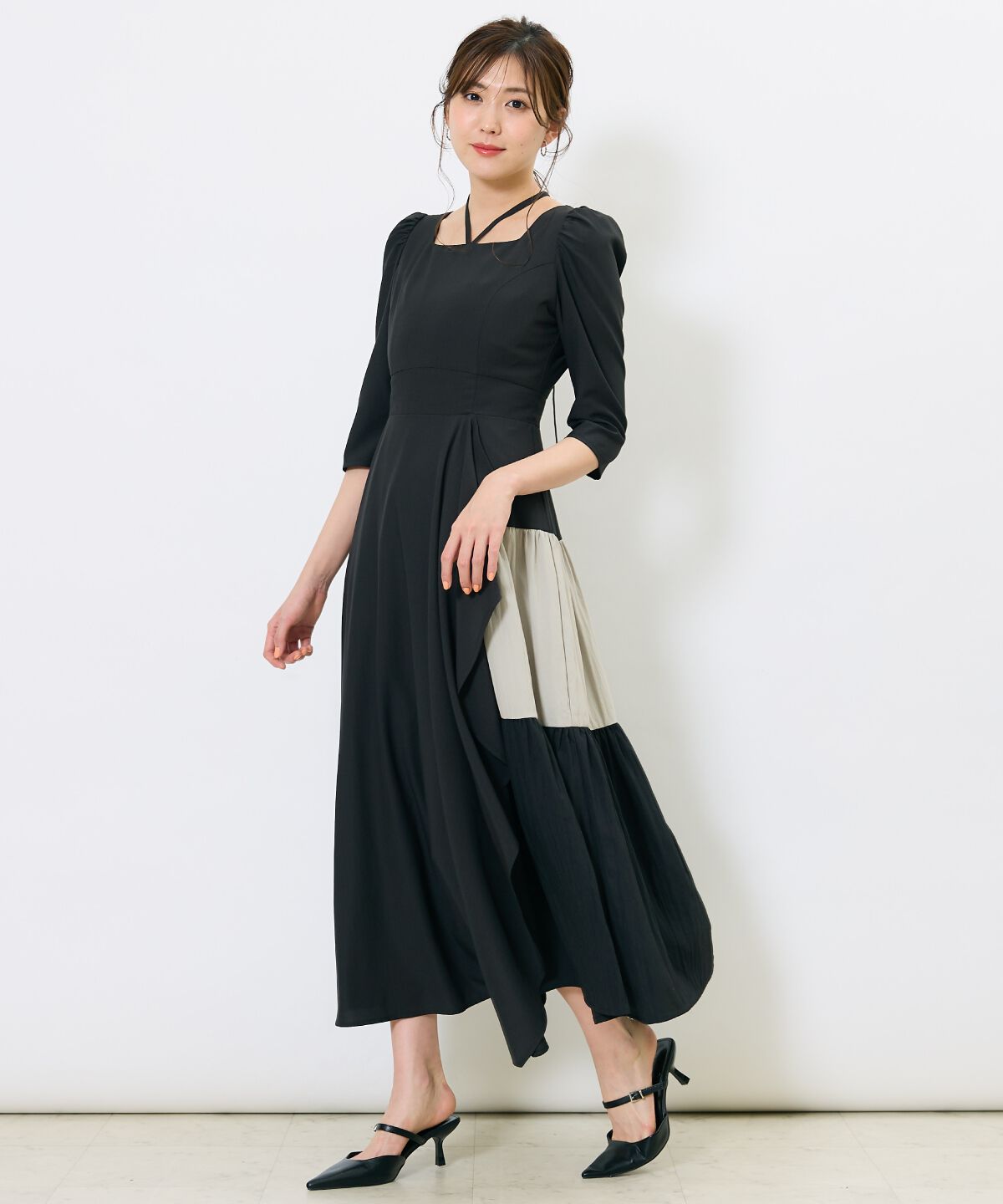 アンドクチュール「アシメラッフルティアードワンピース」|ワンピース|ブラック