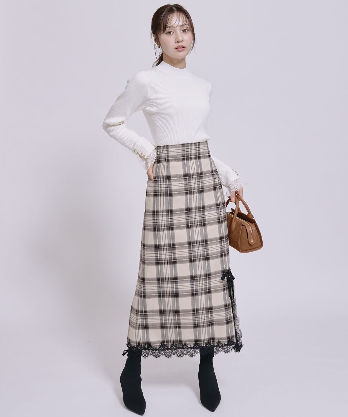 WILLSELECTION「レースヘムIラインスリットスカート」|スカート|茶系チェック