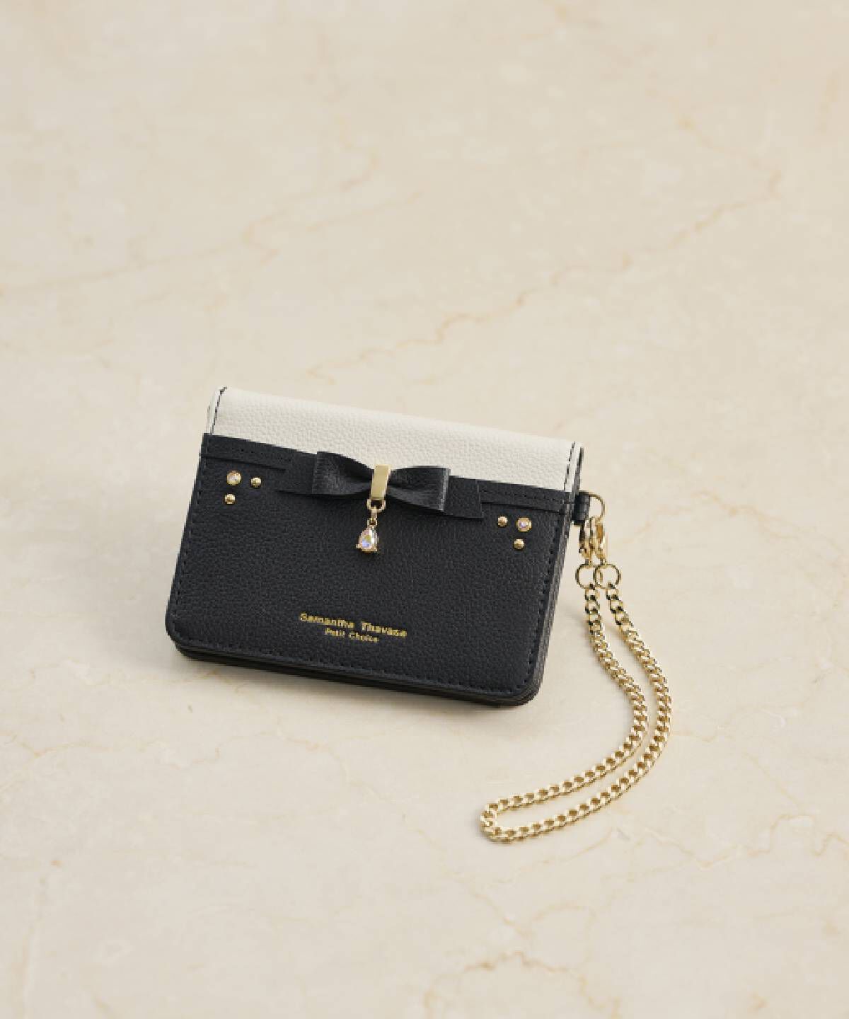 Samantha Thavasa Petit Choice「バイカラーリボンビジューパスケース」|定期入れ|ブラック
