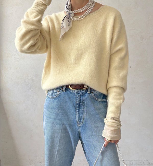  「【ふんわり柔らかな肌触り】ファーカシミヤボートネックプルオーバー」|ニット・セーター|