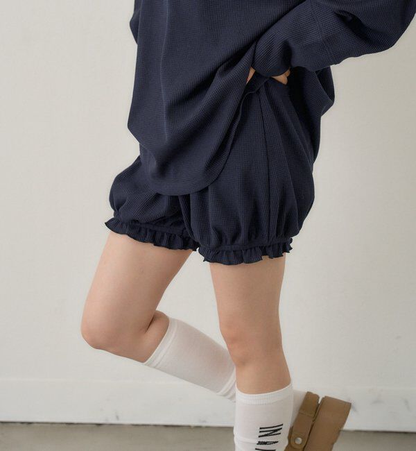  「フラワーワッフルショートパンツ」|チノ|ネイビー