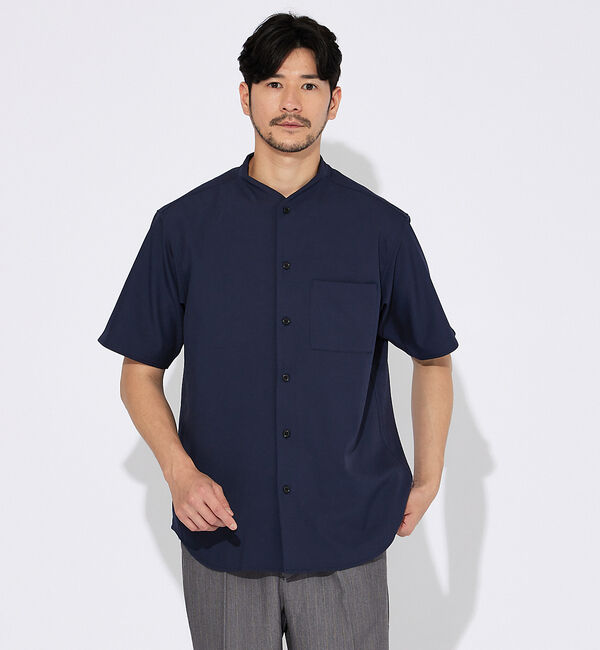 ABAHOUSE「【変形襟】トロミシャンブレー カラーレス 半袖シャツ / バンドカラー」|シャツ・ブラウス|
